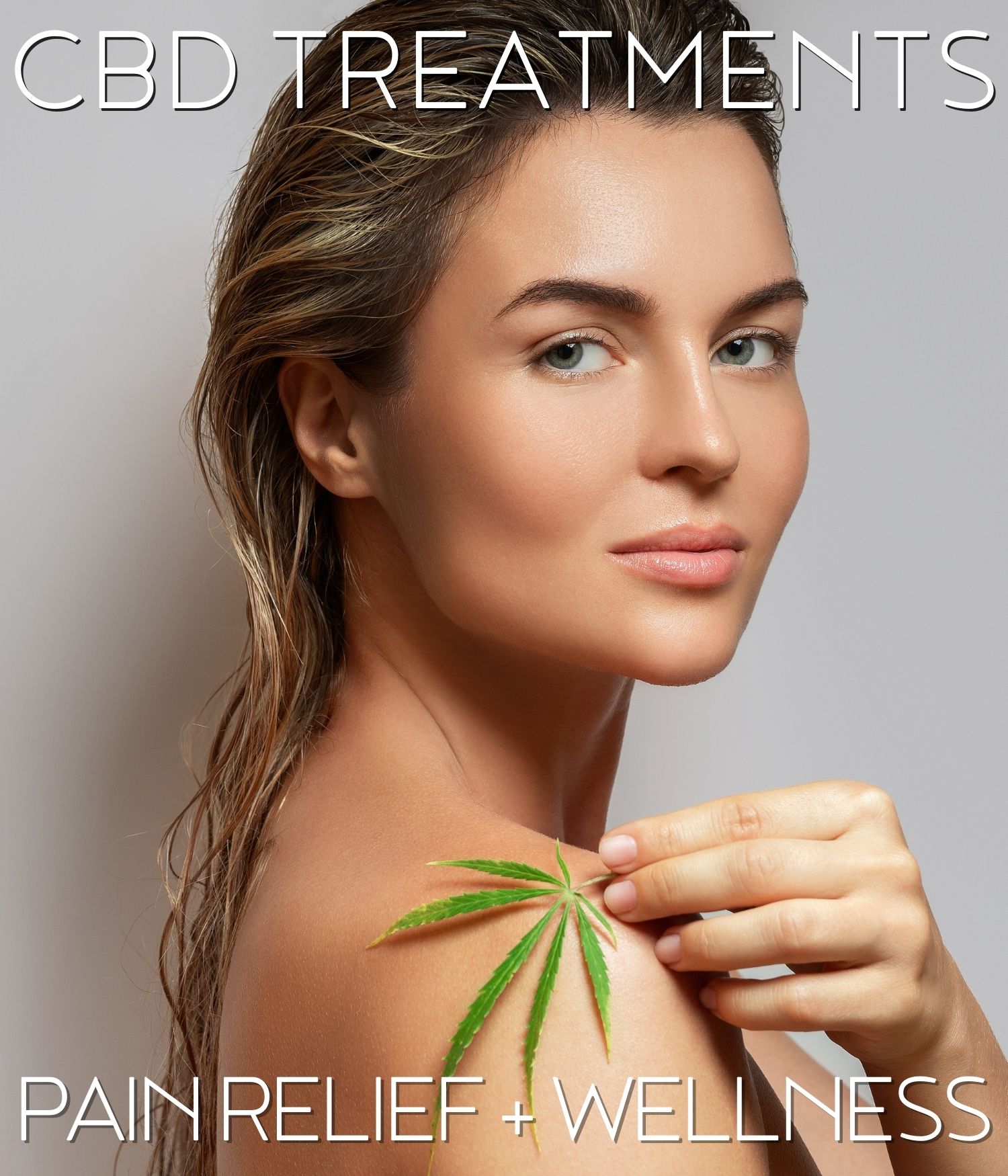 woman showing her shoulder holding leave promoting cbd treatments