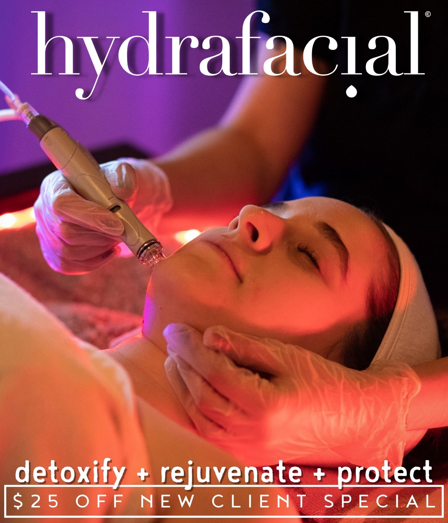woman having a hydrafacial treatment promoting rejuvenate + renew
