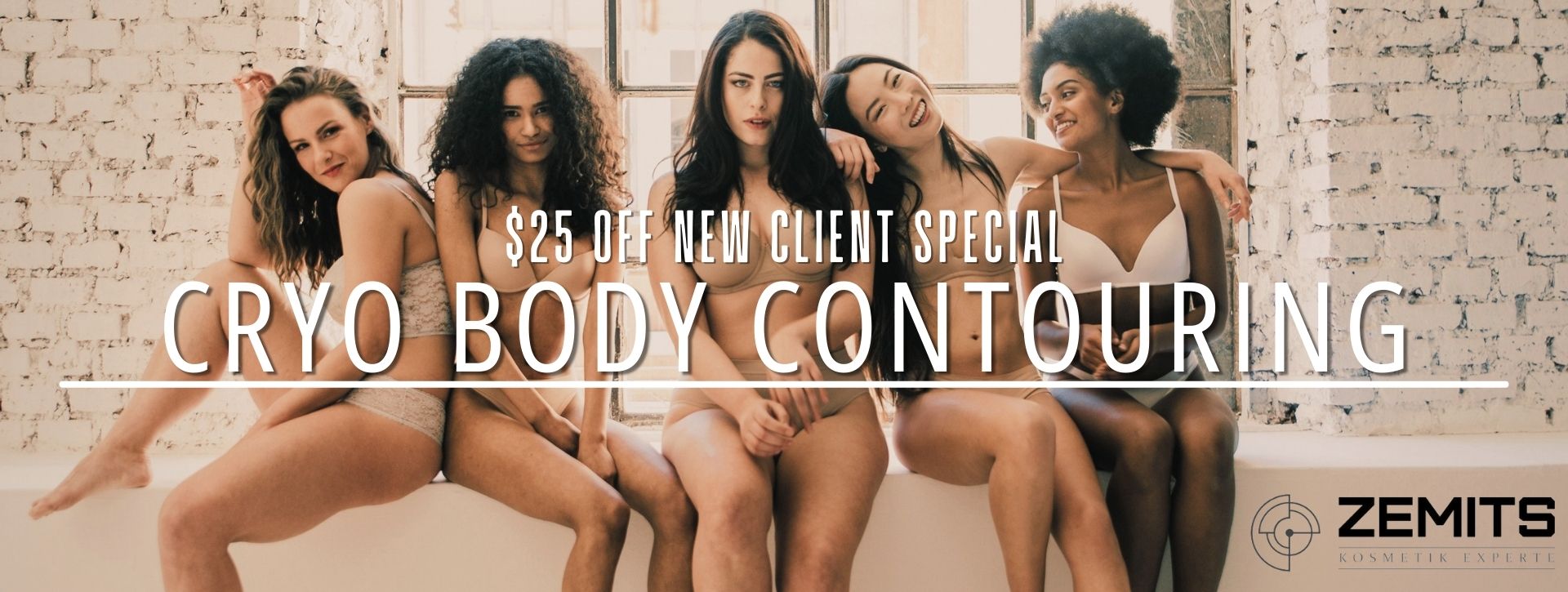 a group of ladies sitting and showing their bodies and skin promoting 25% off new client special cryo body contouring